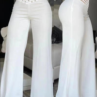 Women Flared Pants Elegant Office Lady Casual High Waist Trousers Spring Summer Solid Crisscross Sheer Mesh Patch Wide Leg Pant