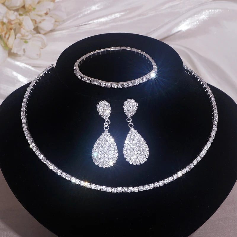 Luxury Round Rhinestone Necklace Set for Women Classic Silver Color Necklace Bracelet Earring Jewelry Set Bridal Wedding Jewelry Natalia Home Fashion   1-Lay-set Natalia Home Fashion