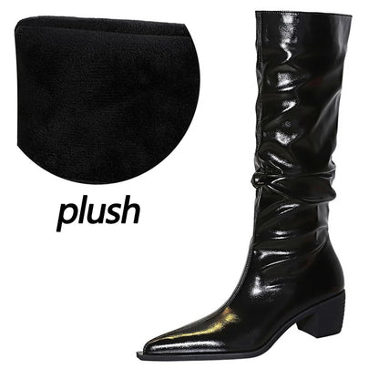 Patent Leather Women Knee-High Boots Thick Heel Women Boots Winter Boots Fashion High Boots Ladies Shoes