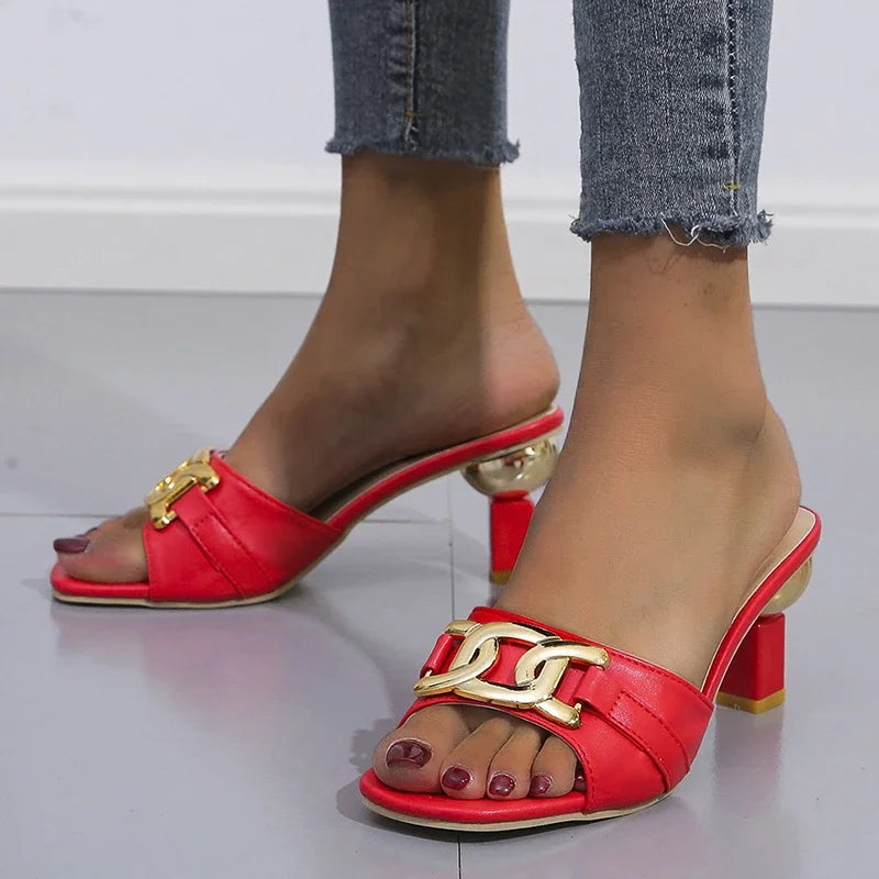 Women's Slippers Sandals Shoes Female Golden Metal Chain Ladies Fashion Casual Slides Mules  Indoor