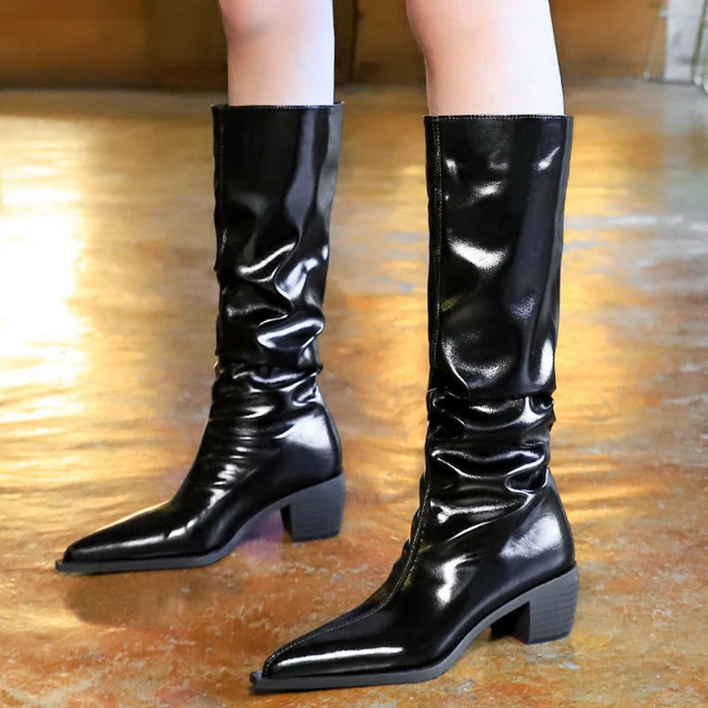 Patent Leather Women Knee-High Boots Thick Heel Women Boots Winter Boots Fashion High Boots Ladies Shoes