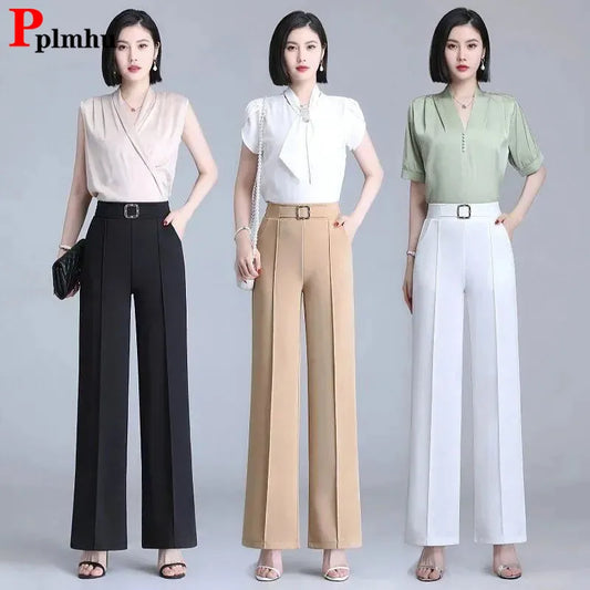 Classic Chiffon High Waist Wide Leg Pants Office Lady Loose Thin Black Trousers  New Formal Chic Pantalones De Mujer Cintura Alt Natalia Home Fashion    Natalia Home Fashion