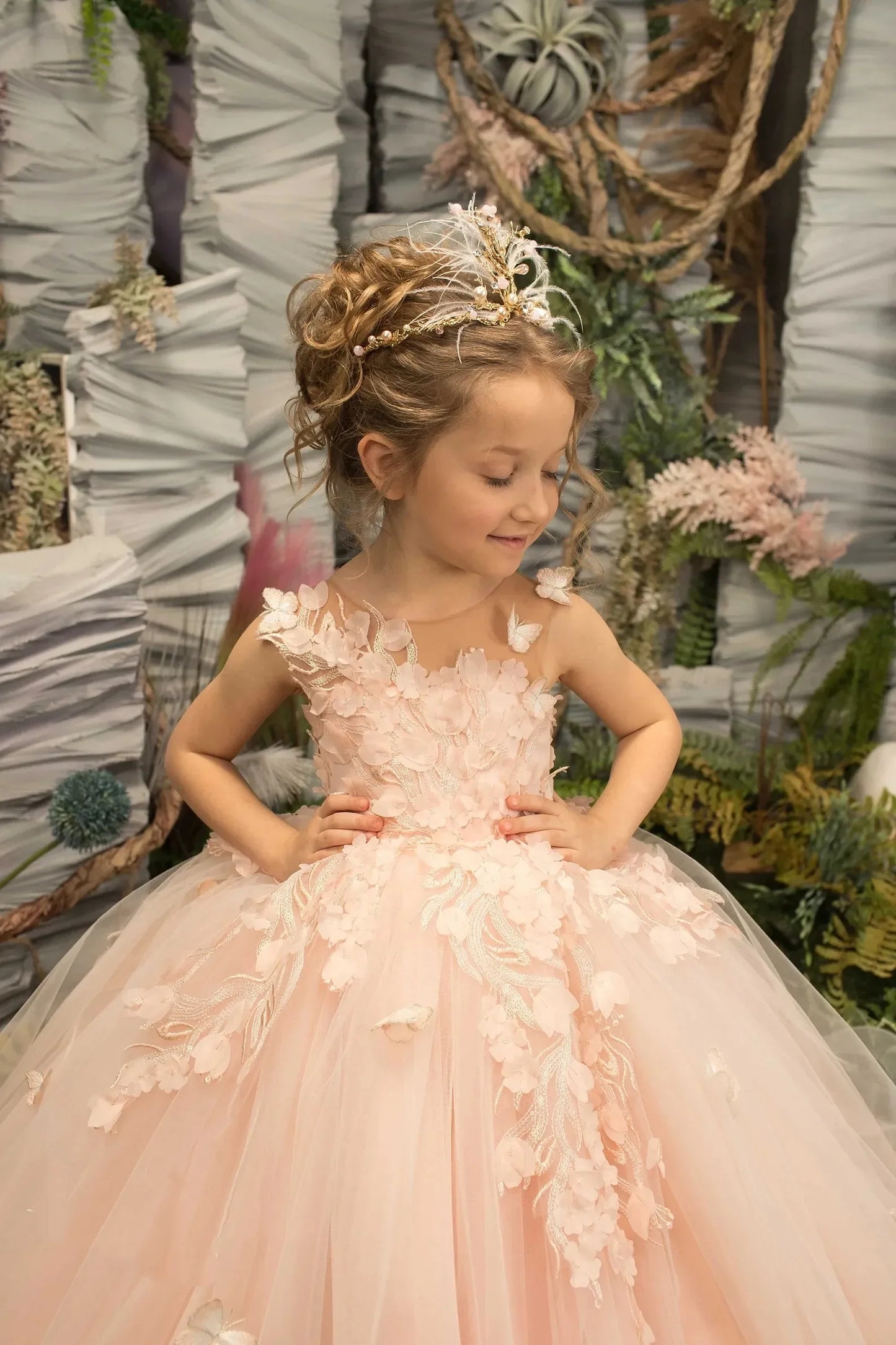 Peach Pink Flower Girl Dress Tulle Lace Ballgown First Communion Gown Little Baby Bridesmaid Wedding Dresses