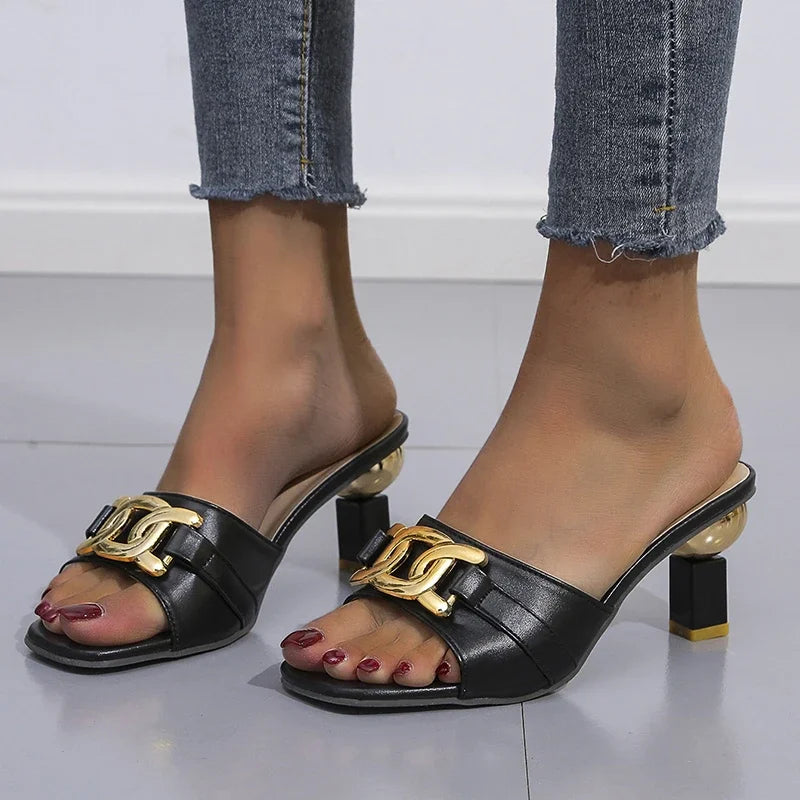 Women's Slippers Sandals Shoes Female Golden Metal Chain Ladies Fashion Casual Slides Mules  Indoor