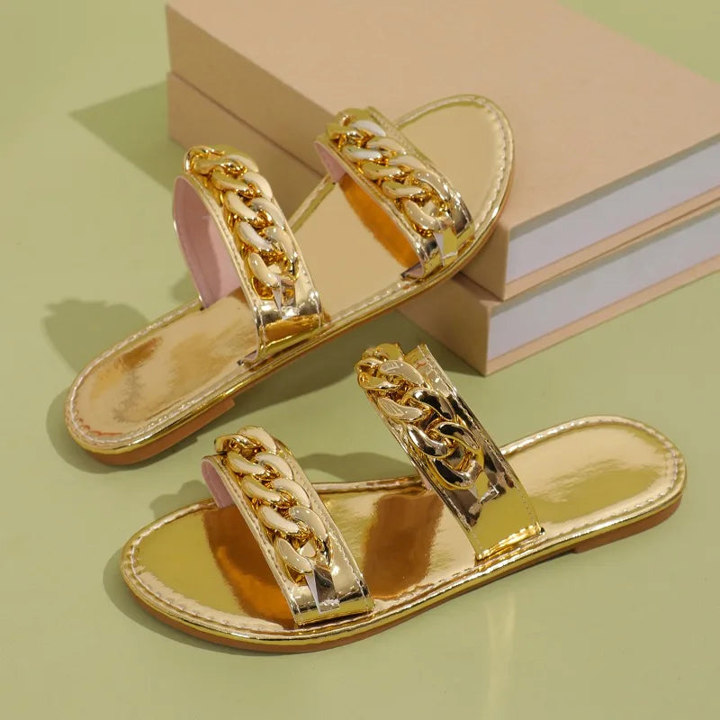 Women Slippers Summer Fashion Gold Sexy Elegant Flat Sandals Women Sandals Lightweight Comfortable Women Slippers Slides