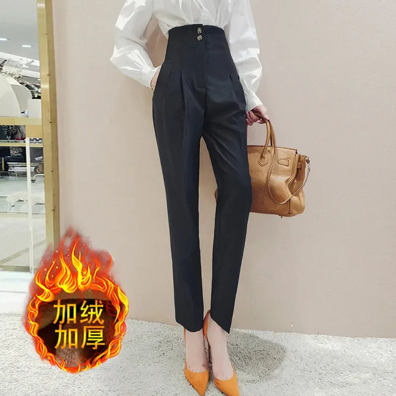 High Waisted Suit Pants for Women, Ankle Length Trousers, Vintage Clothing, British Style, Office Work, Spring and Autumn, 2024 Natalia Home Fashion   Black-Plush-XXL Natalia Home Fashion