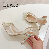 New Fashion Pearl Bowknot Mesh Pointed Toe White High Heels Sling back Sandal Sexy Back Buckle Strap Shoes Women Pumps