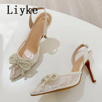 New Fashion Pearl Bowknot Mesh Pointed Toe White High Heels Sling back Sandal Sexy Back Buckle Strap Shoes Women Pumps