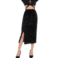 Velvet Women's Sequin Skirt 2024 Autumn Winter Elastic High Waist Split Hem Shiny Skirt Solid Color Night Party Wear Midi Skirt Natalia Home Fashion    Natalia Home Fashion