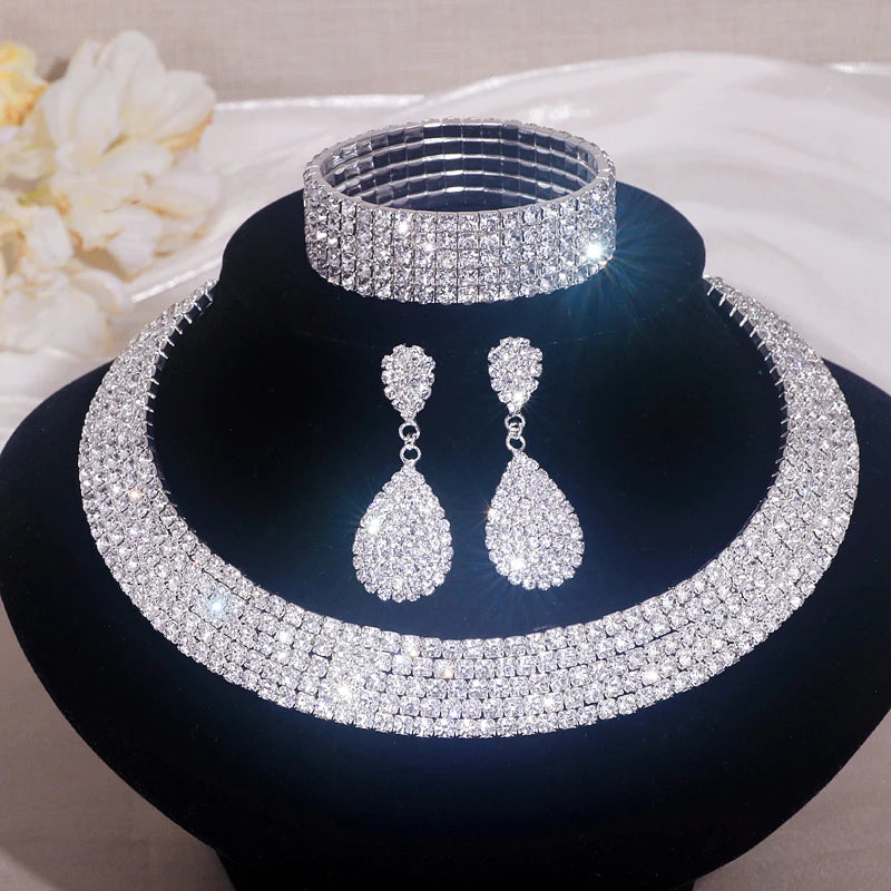 Luxury Round Rhinestone Necklace Set for Women Classic Silver Color Necklace Bracelet Earring Jewelry Set Bridal Wedding Jewelry Natalia Home Fashion   5-Lays-set Natalia Home Fashion