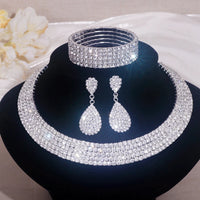 Luxury Round Rhinestone Necklace Set for Women Classic Silver Color Necklace Bracelet Earring Jewelry Set Bridal Wedding Jewelry Natalia Home Fashion    Natalia Home Fashion