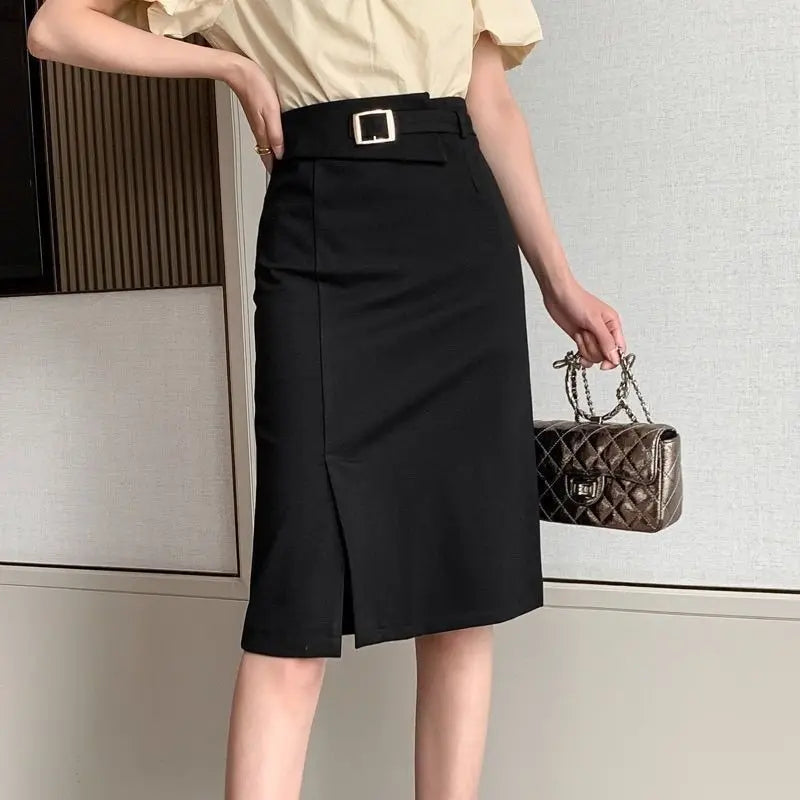 Women's High Waist Split Knee Length Midi Bodycon Pencil Skirt, Elegant Suit, Business Work Skirt, Office Ladies Black Skirts, Natalia Home Fashion    Natalia Home Fashion