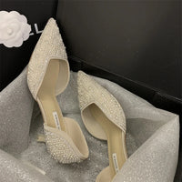 French Crystal Diamond Pearl Wedding Shoes Bridesmaid Shoes High Heels Female Pointy Mid heel Single Shoes Banquet