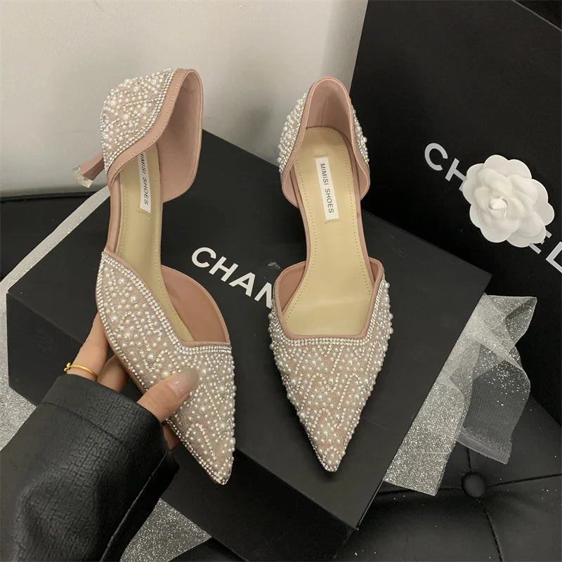 French Crystal Diamond Pearl Wedding Shoes Bridesmaid Shoes High Heels Female Pointy Mid heel Single Shoes Banquet