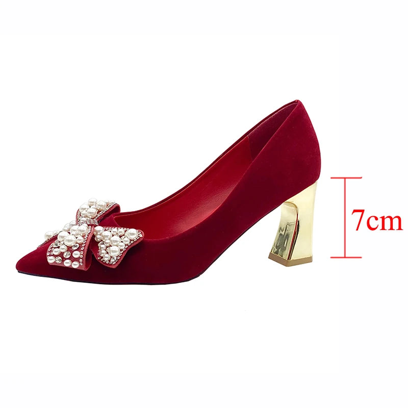 Rimocy Elegant Ladies Red Silk Wedding Bride Shoes Pearl Bowknot Pointed Toe Pumps Women Sexy Party Dress High Heels Shoes Woman