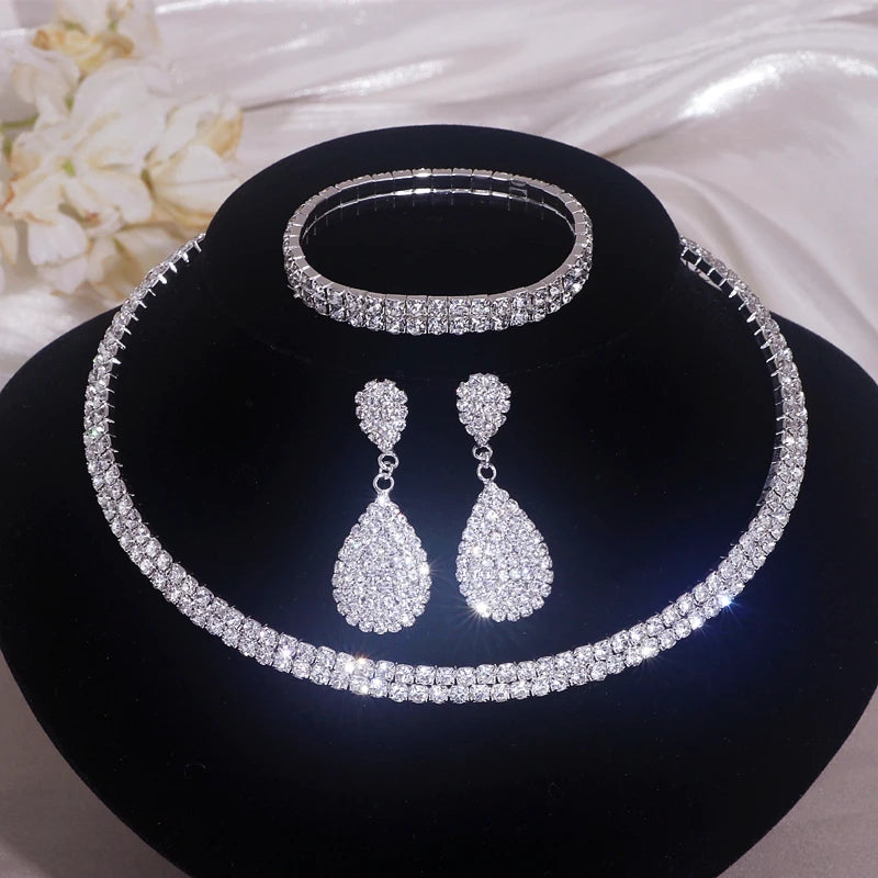 Luxury Round Rhinestone Necklace Set for Women Classic Silver Color Necklace Bracelet Earring Jewelry Set Bridal Wedding Jewelry Natalia Home Fashion   2-Lays-set Natalia Home Fashion