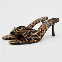 High Quality Women Shoes Bow Knot Leopard Print High Heel Slippers Women Slippers