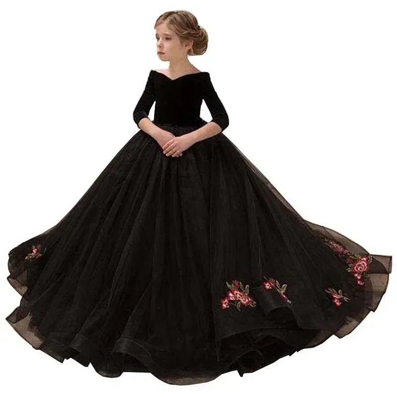 Kids Girl Ceremony Dress New Kid Dresses Girls Elegant Long Prom Black Embroidery Children 8 Grade Graduation Party Clothes