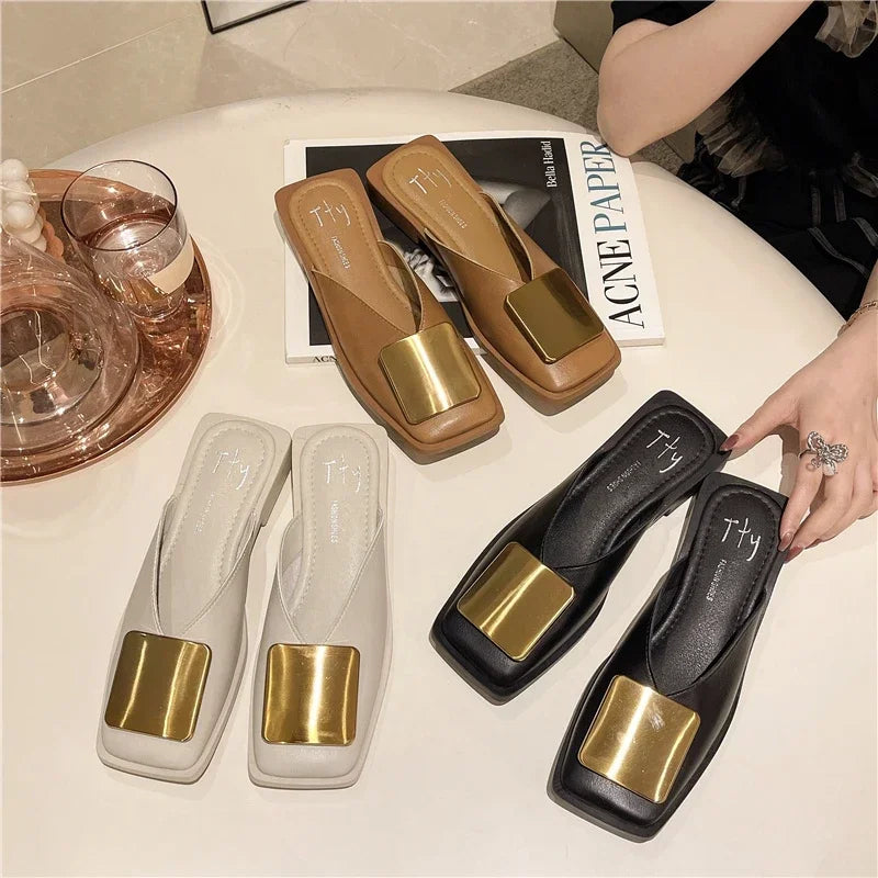 Women Slippers Brand Designer Fashion Metal Buckle Flat Heels Square Toe Shallow Shoes for Women Outdoor Slide Female Casual