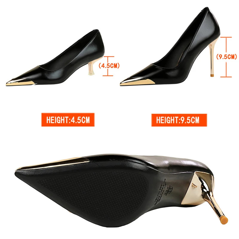 Retro High Heels Metal Pointed Tip Women Pumps Stiletto 9.5 Cm And 4.5cm Heels Sexy Party Shoes Office Shoes