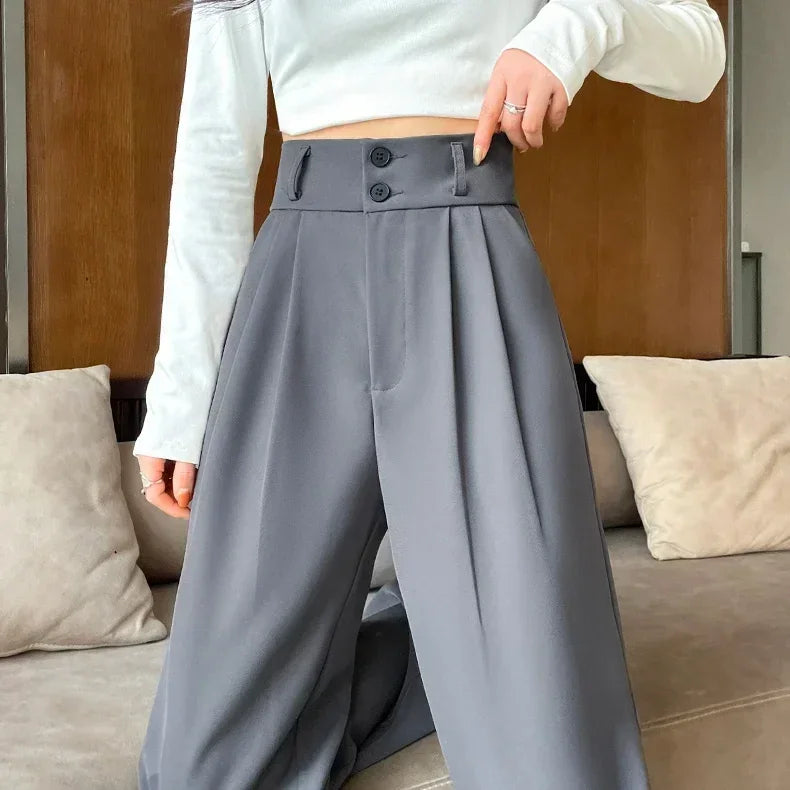 High Waist  Suit Pants Women Straight Black Korean Office Ladies Trousers Fashion Button Loose Spring Female Streetwear 2024 Natalia Home Fashion   GRAY-L Natalia Home Fashion