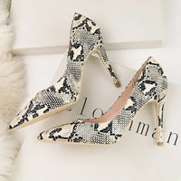 Sexy Snake Print 10CM high heels women luxury Fashion Pointed Toe Heeled sandals elegant Shallow Pumps Party Dress Shoes