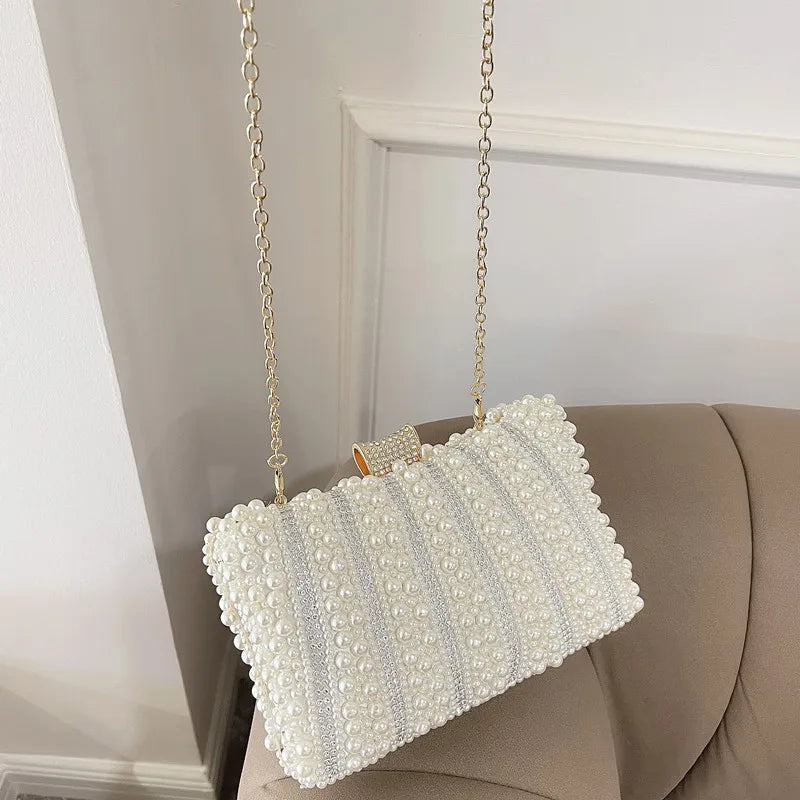 Vintage Pearl Women Handbag 2023 Diamond Evening Bag Luxury Wedding Bridal Ladies Clutch Chain White Shoulder Dress Dinner Bag