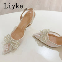 New Fashion Pearl Bowknot Mesh Pointed Toe White High Heels Sling back Sandal Sexy Back Buckle Strap Shoes Women Pumps