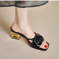 Camellia slippers fancy summer wear 2024 soft leather new line flower sandals open toe with half drag female Natalia Home Fashion    Natalia Home Fashion