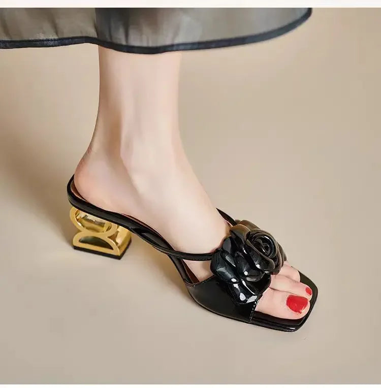 Camellia slippers fancy summer wear 2024 soft leather new line flower sandals open toe with half drag female Natalia Home Fashion    Natalia Home Fashion