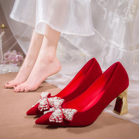 Elegant Ladies Red Silk Wedding Bride Shoes Pearl Bowknot Pointed Toe Pumps Women Sexy Party Dress High Heels Shoes Woman