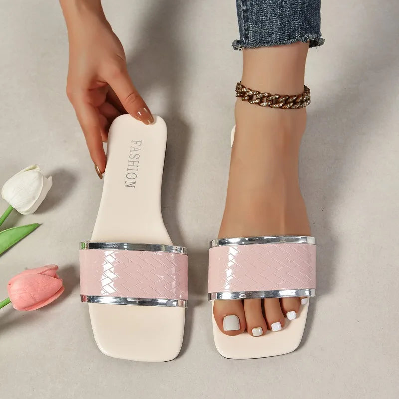 2024 Summer Women Slippers Fashion Flat Heels Open Toe Sandals Ladies Luxury Beach Square Toe Casual Slippers Women Slides Women Natalia Home Fashion    Natalia Home Fashion