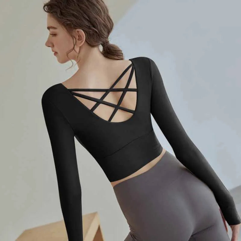 Women Long Sleeved Sports Shirt Beautiful Cross Back Yoga Wear Running Crop Top Sportswear With Chest Pad Fitness Gym Top Natalia Home Fashion    Natalia Home Fashion