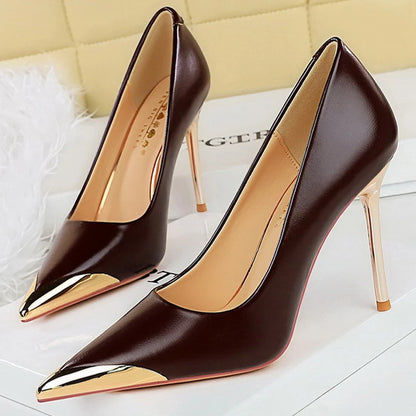 Retro High Heels Metal Pointed Tip Women Pumps Stiletto 9.5 Cm And 4.5cm Heels Sexy Party Shoes Office Shoes