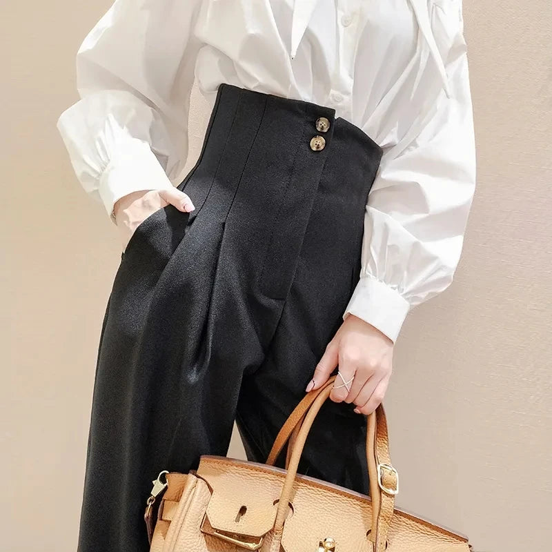 High Waisted Suit Pants for Women, Ankle Length Trousers, Vintage Clothing, British Style, Office Work, Spring and Autumn, 2024 Natalia Home Fashion    Natalia Home Fashion