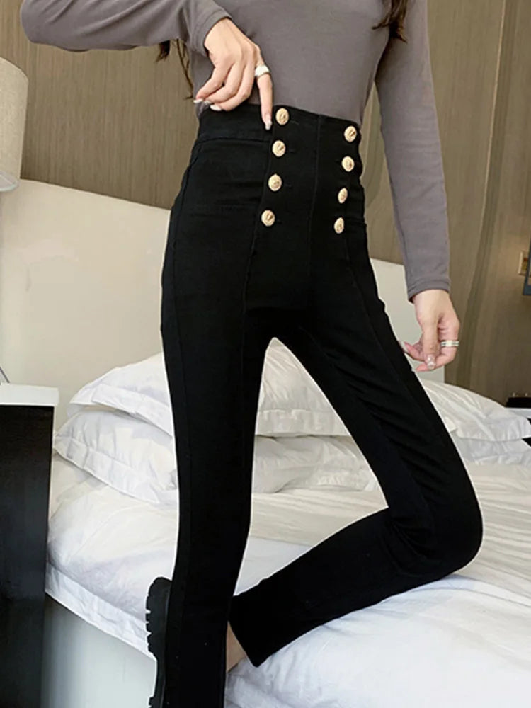 Fashion Women's Trousers 2022 Autumn New High-elastic Double-breasted Tight-fitting High-waisted Slimming Pants Women's Pants Natalia Home Fashion   Black-M Natalia Home Fashion