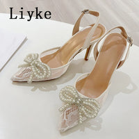 New Fashion Pearl Bowknot Mesh Pointed Toe White High Heels Sling back Sandal Sexy Back Buckle Strap Shoes Women Pumps