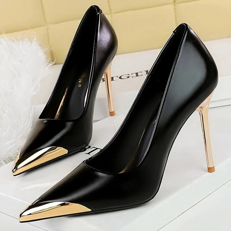 Retro High Heels Metal Pointed Tip Women Pumps Stiletto 9.5 Cm And 4.5cm Heels Sexy Party Shoes Office Shoes