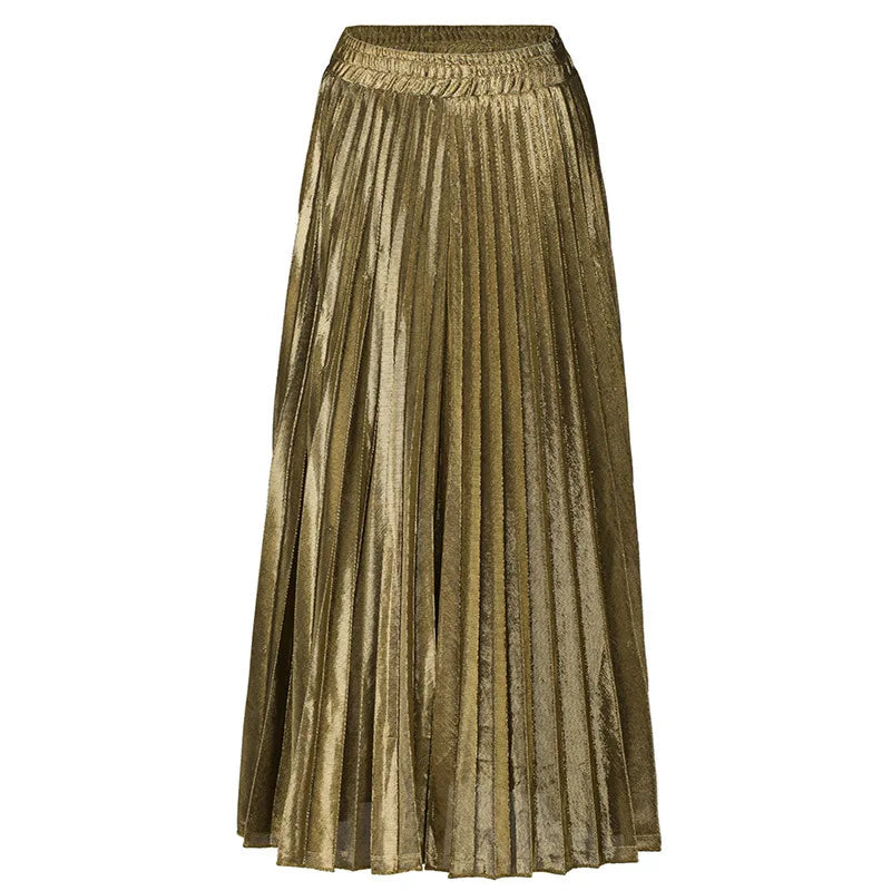 LANMREM 2024 new Spring fashion women clothes high waist A-line pleated sliver vintage elastic long halfbody skirt WH28501XL Natalia Home Fashion   Elegant-gold-S Natalia Home Fashion