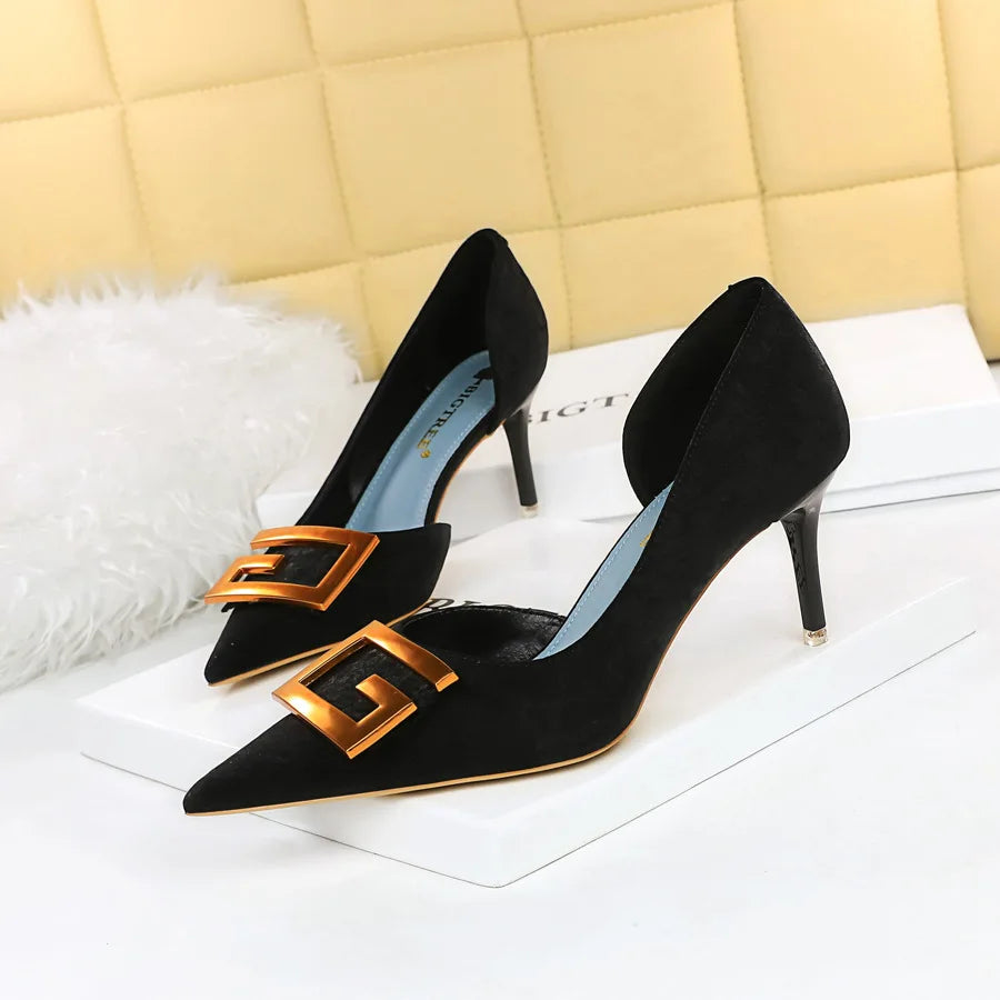 Metal Buckle Fashion High Heels Shoes Women Pumps Pointy Toe Soft Fabric Sexy Side Hollow Female Wedding Dress Shoe