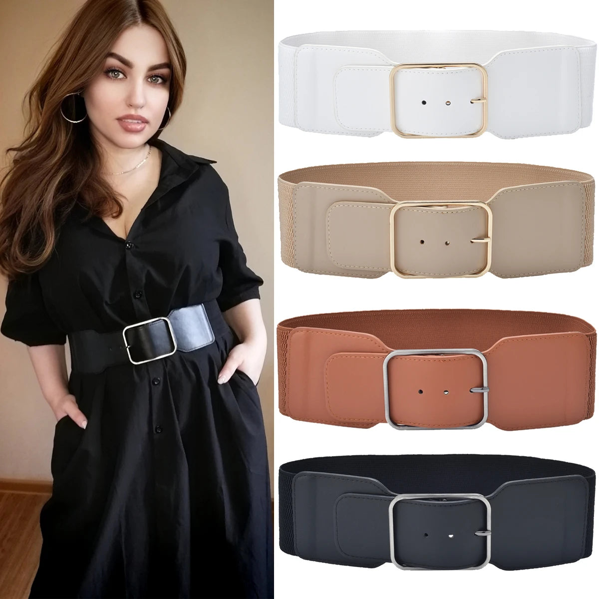 Women Stretchy Wide Waist Belt Ladies Elastic Dress Cummerbund with Pin Buckle Stretch Fashion Cinch Belts Natalia Home Fashion    Natalia Home Fashion