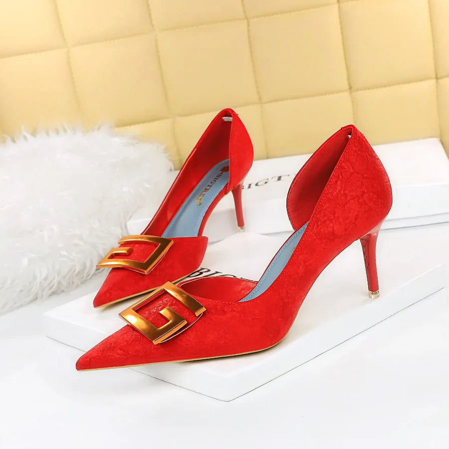 Metal Buckle Fashion High Heels Shoes Women Pumps Pointy Toe Soft Fabric Sexy Side Hollow Female Wedding Dress Shoe