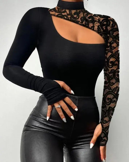 Sexy Lace Irregular Long Sleeve Top Women's Shirts Sexy Off Shoulder Lace Irregular Long Sleeve Black Tops O-neck Ladies Elegant Blouse T-shirt Natalia Home Fashion    Natalia Home Fashion