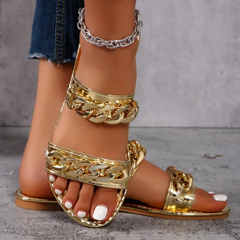 Women Slippers Summer Fashion Gold Sexy Elegant Flat Sandals Women Sandals Lightweight Comfortable Women Slippers Slides