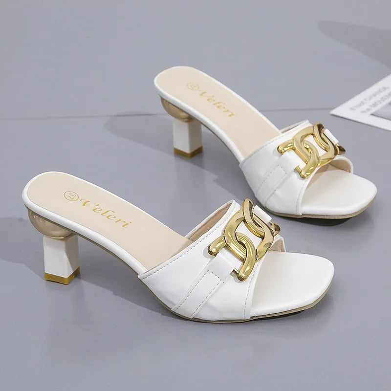 Women's Slippers Sandals Shoes Female Golden Metal Chain Ladies Fashion Casual Slides Mules  Indoor