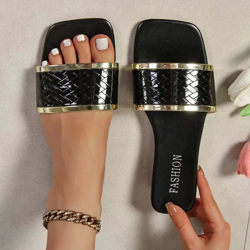 2024 Summer Women Slippers Fashion Flat Heels Open Toe Sandals Ladies Luxury Beach Square Toe Casual Slippers Women Slides Women Natalia Home Fashion   black-37 Natalia Home Fashion