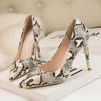 Sexy Snake Print 10CM high heels women luxury Fashion Pointed Toe Heeled sandals elegant Shallow Pumps Party Dress Shoes