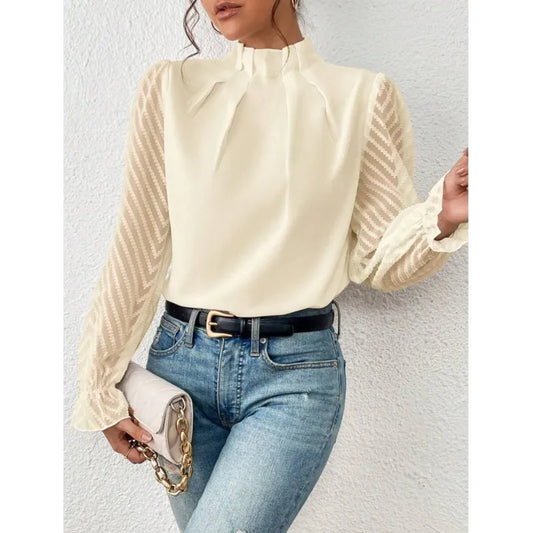 Elegant Blouse White Women's Shirt 2024 New Half High Neck Spliced Wave Pattern Chiffon Long sleeved Top Office Lady Natalia Home Fashion    Natalia Home Fashion