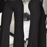 Women Flared Pants Elegant Office Lady Casual High Waist Trousers Spring Summer Solid Crisscross Sheer Mesh Patch Wide Leg Pant