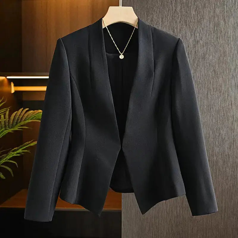 Slim Black White Suit Jacket with V-Neck All Matching Temperament Long Acetic Acid Suit My Store